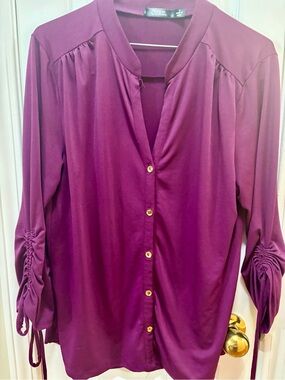 CURE Plum Button-Front Blouse with Ruched Tie Sleeves